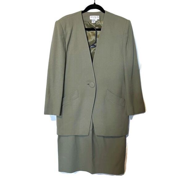 Rare 100% Wool Women Vintage Saville Suit Hunter Green Jacket Skirt Set Size 12 - Picture 1 of 14